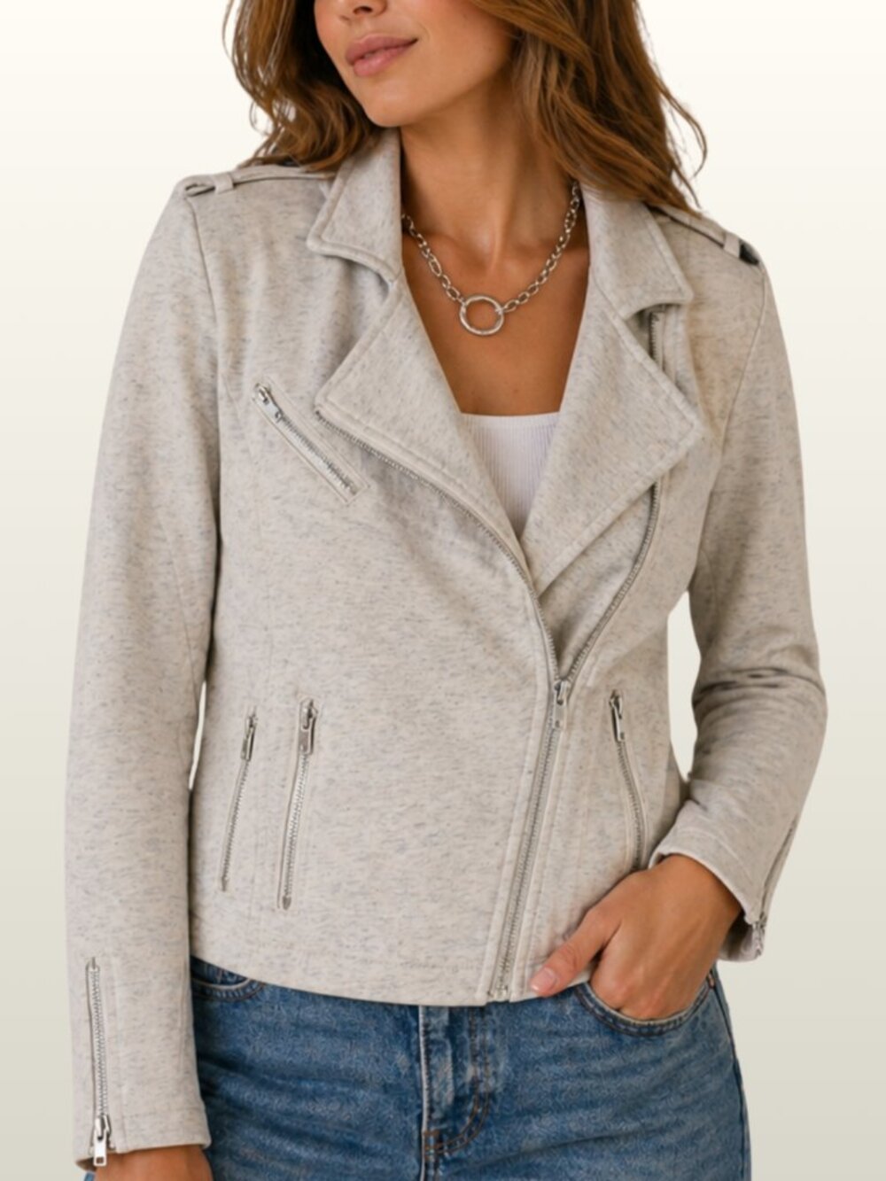Beige Heathered Cotton Fleece Moto Jacket Asymmetrical Zip M POL Lightweight